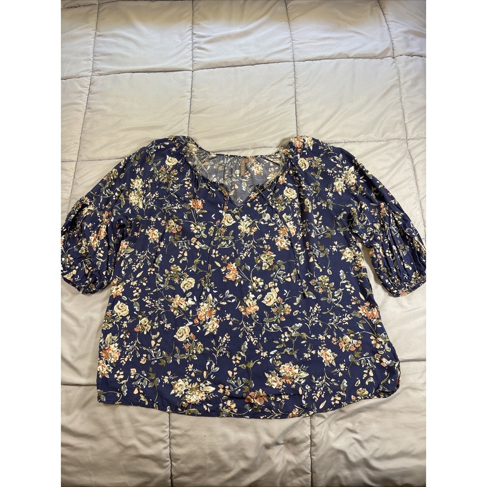 Brina & Em Blouse Women's 1X Blue Printed 3/4 Sleeve Boho Keyhole Top Shirt